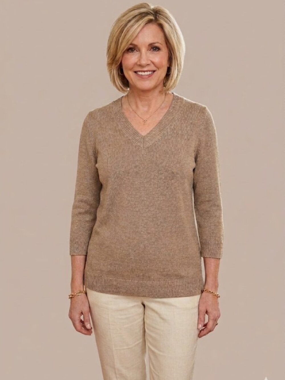Talbots Linen Women Size Large Tan Khaki Side Split 3/4 sleeve V-neck sweater